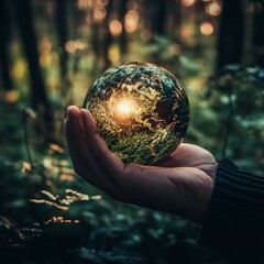 Canvas Print - A hand holds a glass sphere reflecting a forest scene, symbolizing the importance of nature.