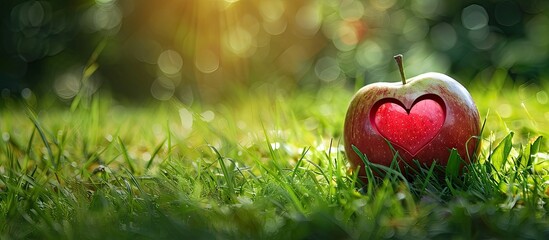 A heart carved apple on grass conveys love in cardiology promoting healthy living and joyful vegetarianism on a sunny day with a copy space image