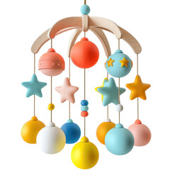 Colorful wooden baby mobile featuring stars and planets, perfect for nurseries and stimulating infant playtime.