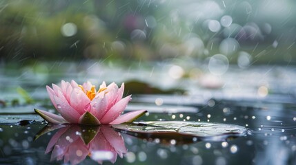 07231249 598. High-resolution close-up of a water lily plant beneath the pond surface on a rainy day, with a nature scene background that provides a tranquil and refreshing setting