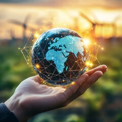 Wall Mural - A hand holds a glowing globe with a network of connections, with wind turbines in the background.