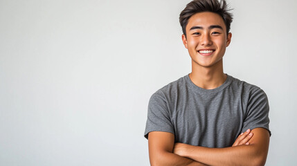 A smiling young Asian man, wearing a casual t-shirt and jeans, isolated on a white background