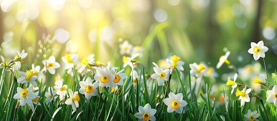 Wall Mural - During spring a vibrant display of blooming yellow and white daffodils can be seen with a beautiful garden background providing copy space image