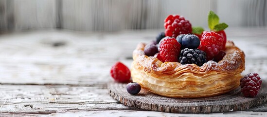 Wall Mural - Berries atop a delectable puff pastry on a rustic white wooden surface offering room for a message in the copy space image