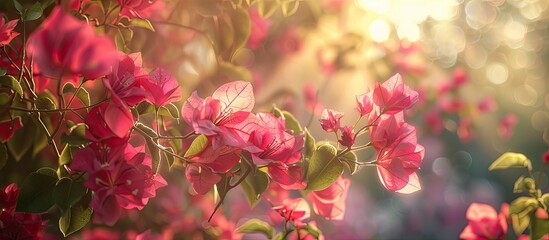 Gorgeous bougainvillea blossoms open gracefully in the morning creating a picturesque scene in the copy space image