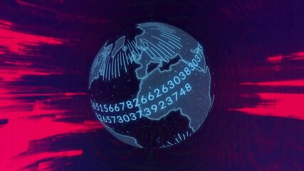 Poster - Rotating globe with binary numbers and data processing animation over digital background