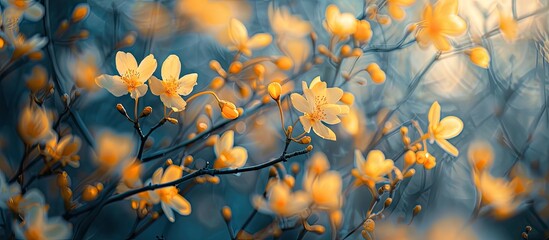 Wall Mural - Macro shot of blooming yellow bush flowers with a blurred background in a copy space image