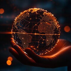 A hand holds a glowing globe, representing global connection and digital technology.