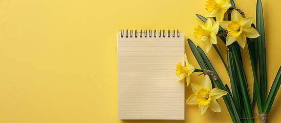 Wall Mural - Spring narcissus are displayed on a light yellow background next to a blank notebook symbolizing Easter celebrations with copy space image available for text