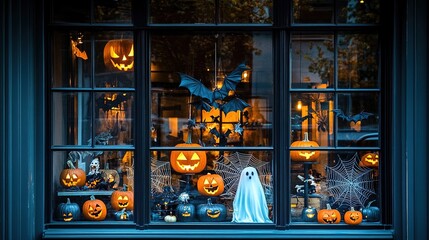 A window display featuring Halloween decorations like bats, ghosts, and spider webs.