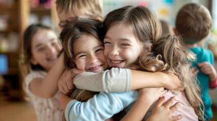 A group of children are hugging each other, with one girl smiling