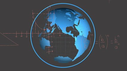 Wall Mural - Mathematical equations and geometric shapes animation over rotating globe