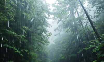 Sticker -  A narrow forest path with puddles forming as rain continues to fall. The camera tilts up from the path to reveal towering trees with raindrops dripping from their leaves. The scene feels fresh and im