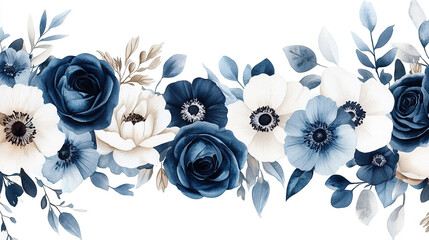 Watercolor dark blue and white floral border, with roses