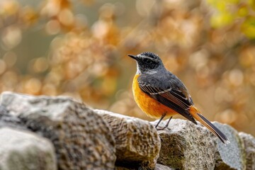 Wall Mural - A vivid image of a common redstart perched on a stone wall, with its tail fanned out