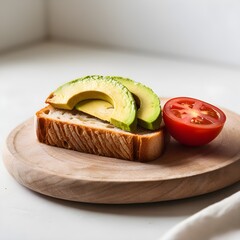 A slice of toasted sour dough bread with avocado and tomato on top