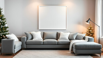 A living room with a gray sofa, white throw pillows, and a white blank framed  on the wall, christmas