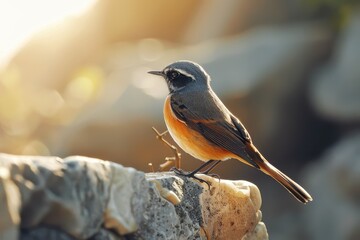 Wall Mural - A vivid image of a common redstart perched on a stone wall, with its tail fanned out