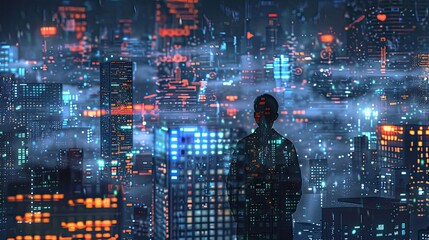 Computer hacker and cyber security at night for online cybercrime Data protection website access and technology with person network and system for fraud programming and virus for internet or web