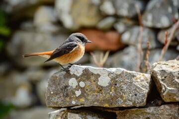 Wall Mural - A vivid image of a common redstart perched on a stone wall, with its tail fanned out