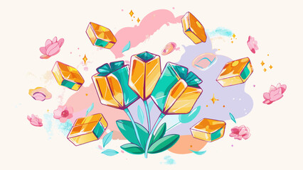 Wall Mural - Vibrant Crystal Bouquet Illustration with Pastel Background