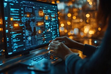 Poster - Software developer working on computer with abstract program code at night
