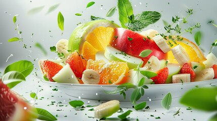 Fresh fruit salad of red orange apple banana and mix herbs