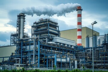 Industrial plant emitting smoke from chimney at sunset