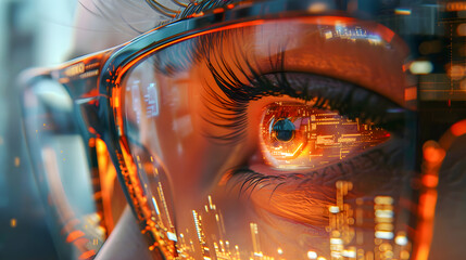 Futuristic woman with digital code reflection in glasses