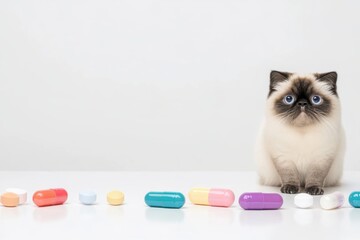 A curious cat sits beside colorful pills on a white background, evoking a blend of playfulness and health awareness.