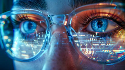 Futuristic woman with digital code reflection in glasses