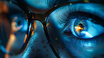Futuristic woman with digital code reflection in glasses