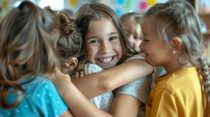 Wall Mural - A group of young girls hug each other, smiling and laughing