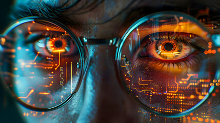 Futuristic woman with digital code reflection in glasses