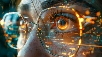 Futuristic woman with digital code reflection in glasses