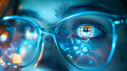 Futuristic woman with digital code reflection in glasses