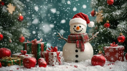 Poster - Snowman with Present and Snow in Christmas