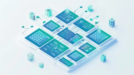 An isometric view of a financial report presentation with complex flowcharts and data matrices, rendered in subtle shades of blue and green, isolated on a white background for clarity.