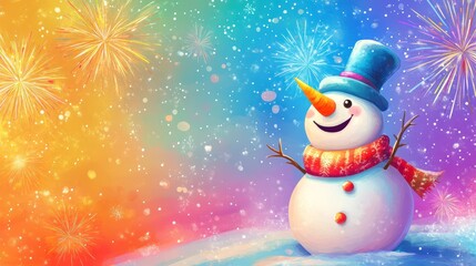 Poster - Snowman with Present and Snow in Christmas