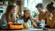 © bird_saranyoo - Family members discussing the contents of their emergency kit, including water, food, and communication tools, for disaster preparedness.