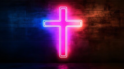 Wall Mural - Glowing neon cross symbolizing Jesus Christ. Religious symbol of faith and prayer. Isolated on a dark background highlighting the neon cross