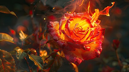 Poster - Beautiful fireball like red yellow english rose in garden