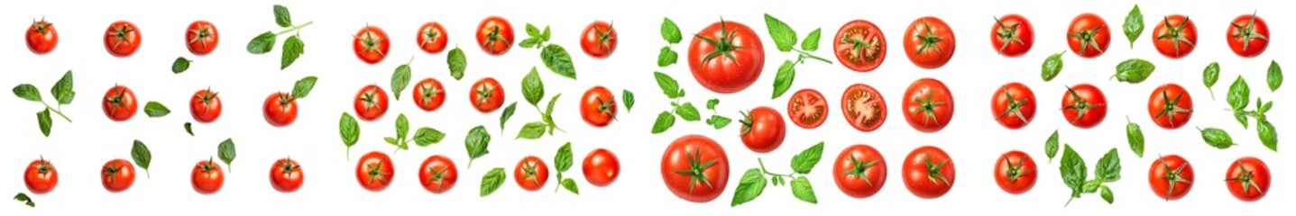 Poster - A set of tomatoes with leaves isolated on a white background, clipped path, and full depth of field is provided