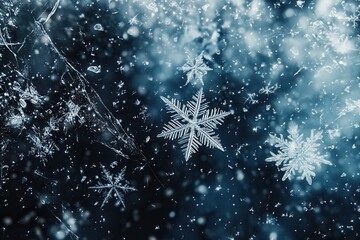Fototapete - Abstract snowflakes float through a serene blue background, creating a tranquil winter atmosphere filled with quiet beauty. Generative AI