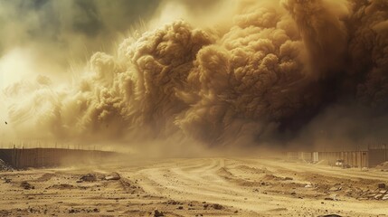 rising dust storm after detonator detonator blast on the construction site in the middle east