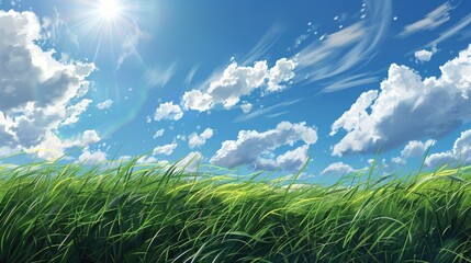 Poster - A wide open field of tall green grass under a blue sky with white clouds The sun shines brightly creating a sense of peace and tranquility