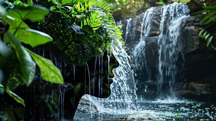 A minimalist design of a human head outline filled with a serene waterfall and lush greenery, symbolizing the flow of peaceful thoughts and mental rejuvenation.