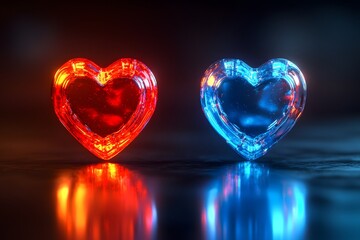 Two heart-shaped glass pieces, one red and one blue, glowing against a dark background.