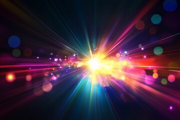 Poster - Colorful light rays radiate from a bright center, creating a stunning visual explosion in a dark background at night