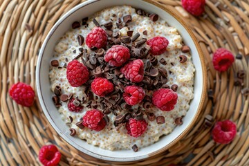 Wall Mural - Close-Up of Millet Bowl with Raspberries and Chocolate Shavings - Perfect for Breakfast Print Designs